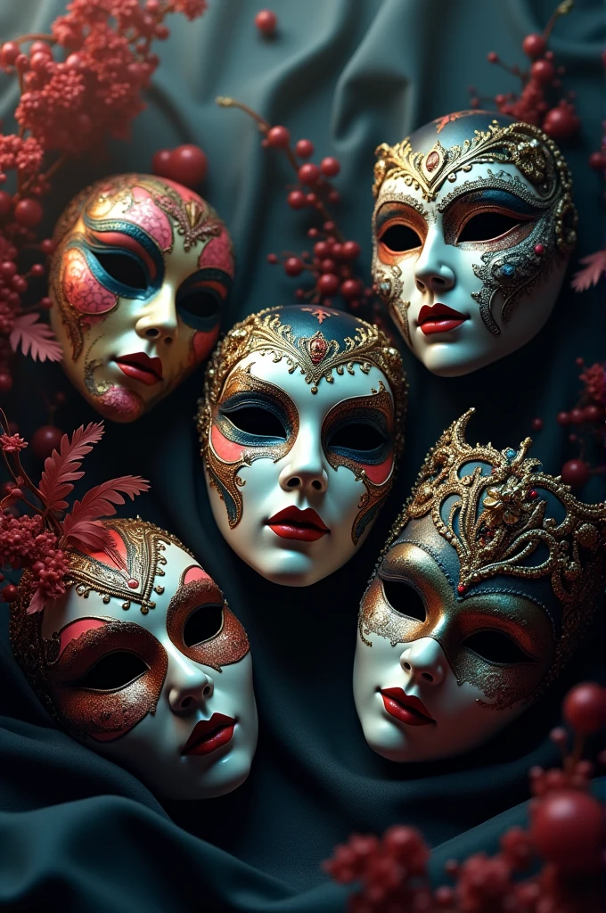 Various BDSM masks displayed on mannequin busts, each showing unique details like studs, rivets and buckles, with a velvet background to enhance the presentation.