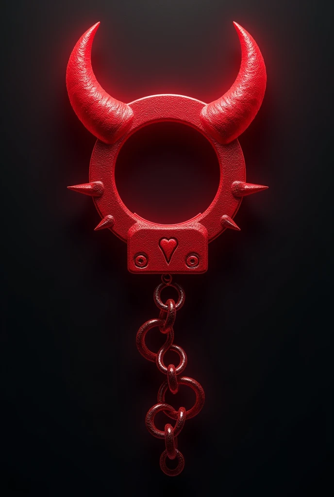 (logo design) evil logo, a sexual striking red handcuff, adorned with sharp, menacing demon horns, and a sinuous chain tail extending from the base, dynamic and bold, emphasizing a dark theme, glossy finish, high-resolution, creating an impression of malevolence and power.