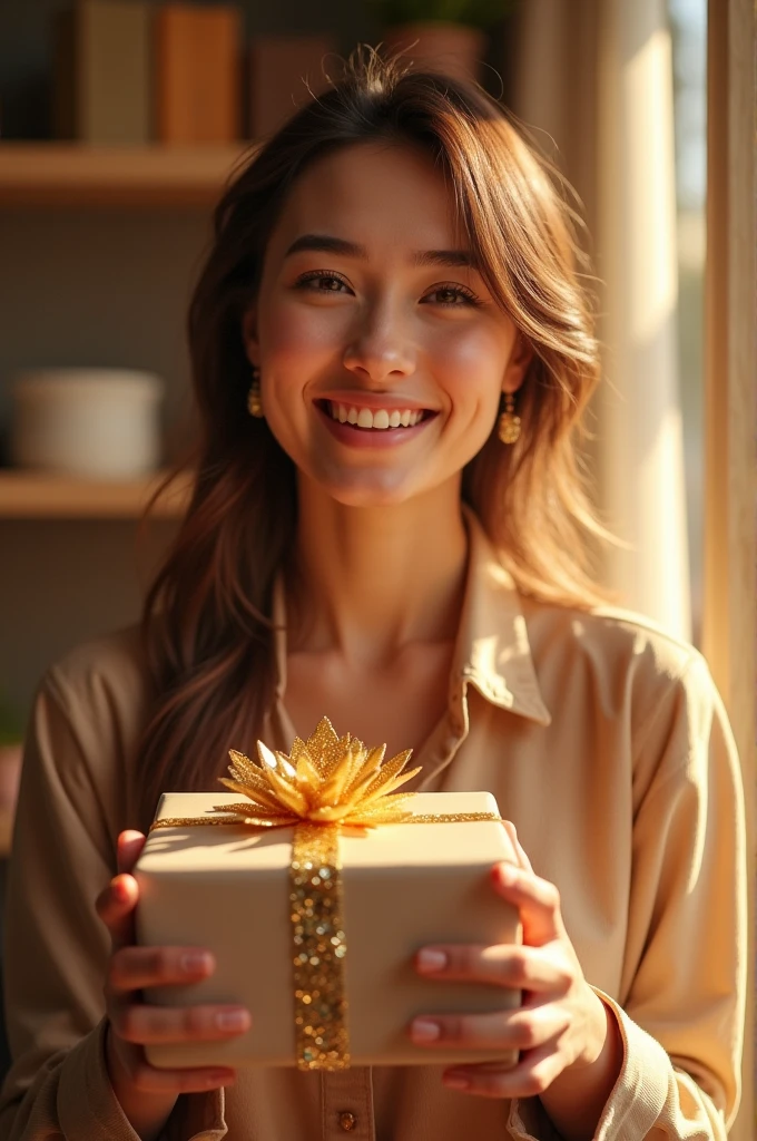 Une personne heureuse et souriante nous offre un cadeau de bienvenue