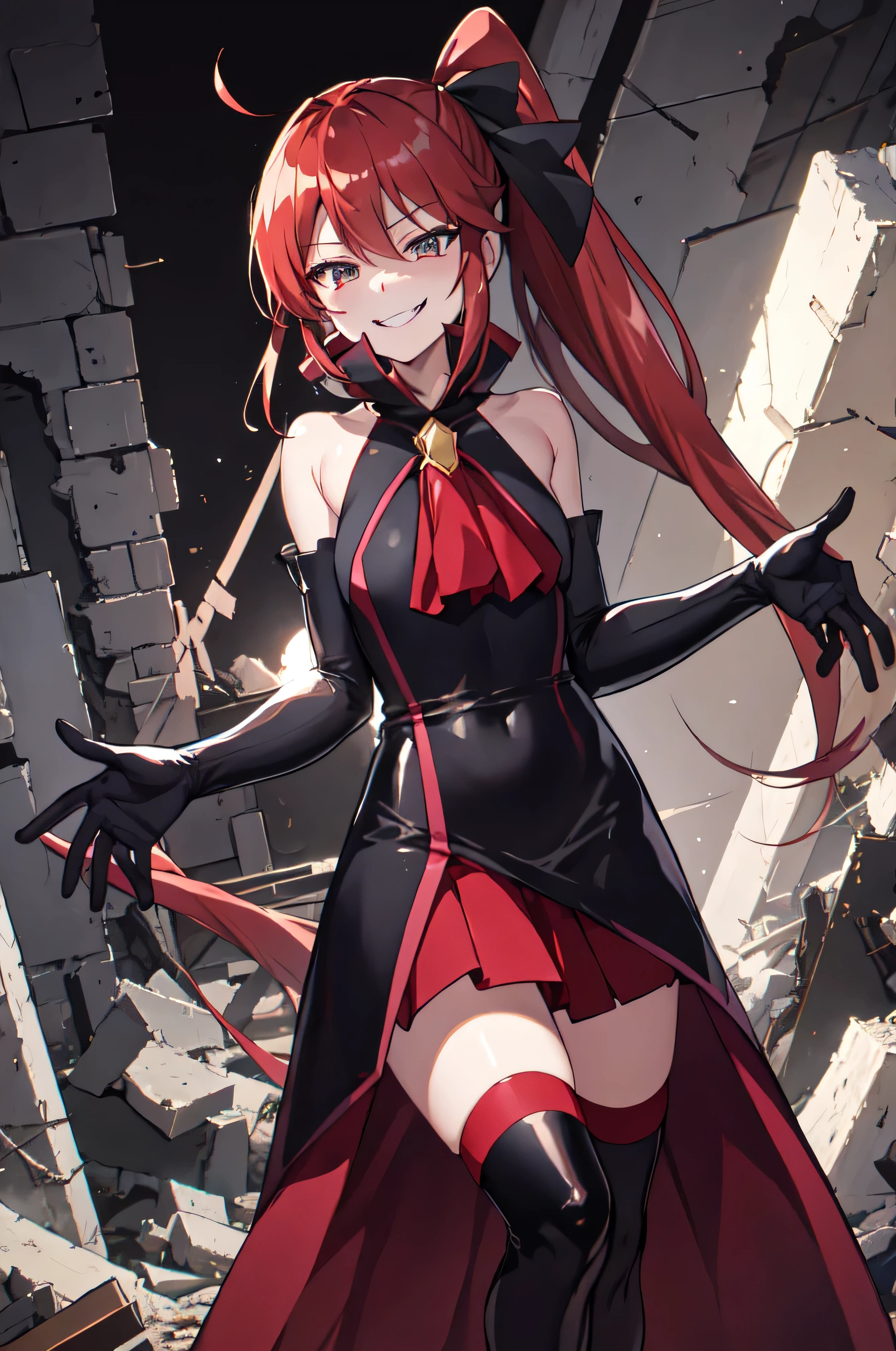 Highest quality, masterpiece, One Girl,Not beautiful, Red Ponytail, Long dress, brooch, Hair Ribbon, , Black knee socks, Standing on the rubble, (Evil smile:1.1), ,,Dark shadow face,Sadistic smile,Malice,Contempt,smile,latex,Bad face,,Red Skirt,both hands,Two legs,Five Fingers,Evil background,Elbow hand pockets,latex, Evil smile, Debish Aura (Shiny fabric:1.5),Dark world background,shaded face(eyes in shadow)