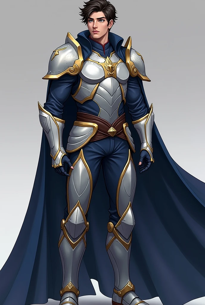 Douhwa image style:
Full name: Zeryn Aelric
Edad: 25 years old Physical Appearance:
Height: 1.85 m Constitution: Strong and muscular, with an imposing presence Hair: dark brown, short and slightly wavy eyes: intense blues, with a look that conveys determination and calm Skin: tanned, reflection of years of training and sun exposure Face: well defined, with a strong jaw and a scar on his right eyebrow, memory of a past battle Clothing: Combat armor in silver and blue tones, with gold details; for formal events, He wears a royal suit with a dark blue cloak and gold details..