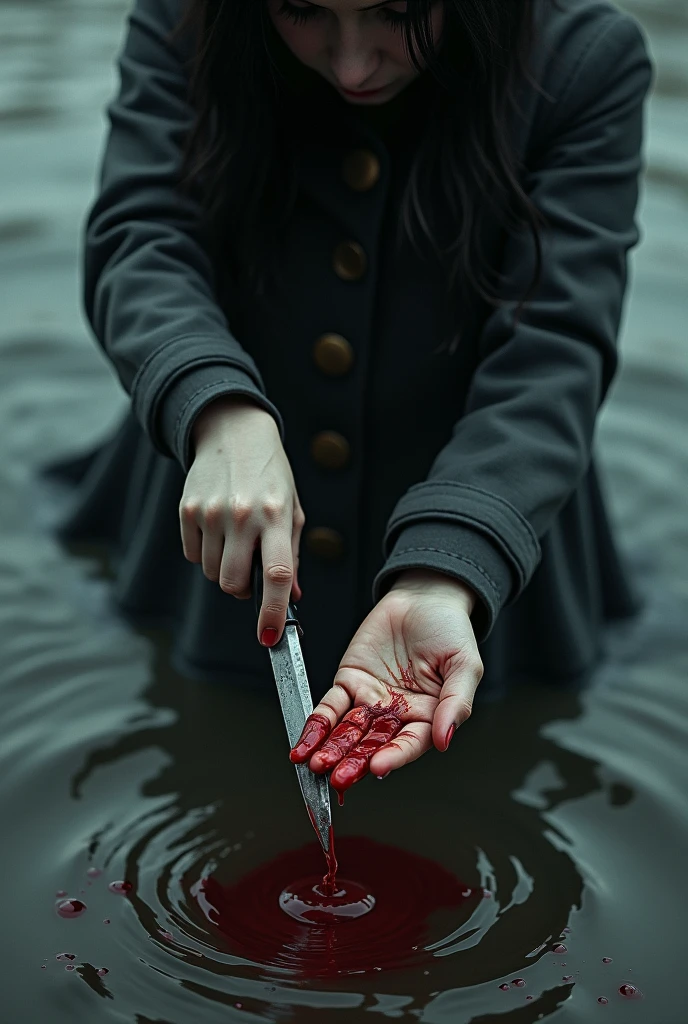 (YiffyMix:1.2), the girl holds a bloody knife in her hand and cuts her other hand with this knife, only hands are visible in the picture, blood from the knife-wounded hand flows into the river with blood