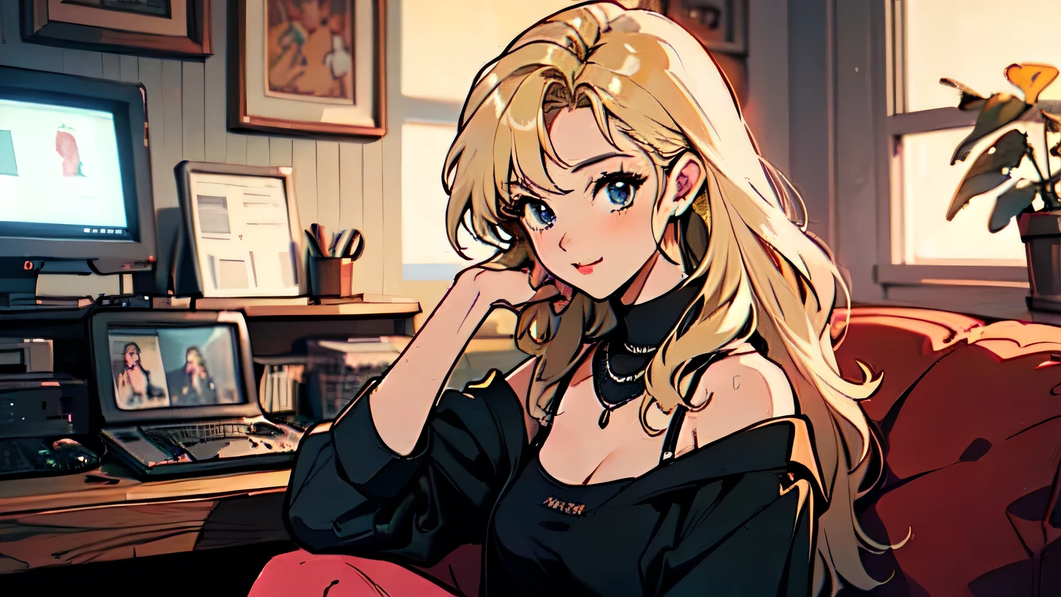 Blonde woman、sitting in a cafe。working on a computer。sexy