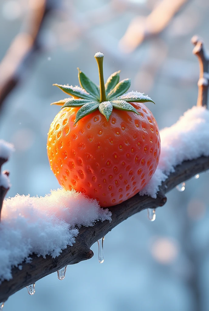 A fruit with a combination between a strawberry and an orange on a branch covered in snow