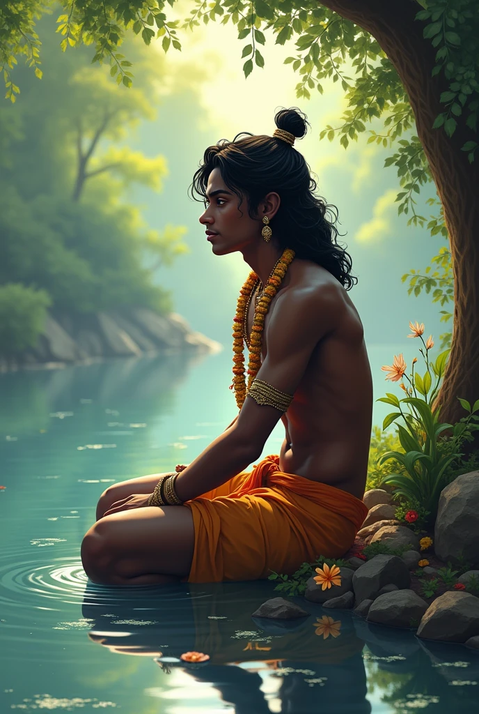 Krishna’s Reflection: "Illustrate a scene of Sri Krishna sitting alone by a river or lake, lost in thought or reflection, with a serene and contemplative expression, capturing the peacefulness of the moment