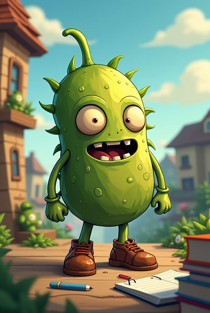 create a picture of a plant vs zombies nut studying for a school exam