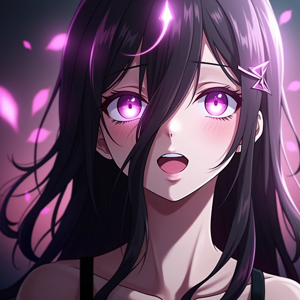 Make an anime girl with an adult body, purples eyes, fair skin and long hair, 