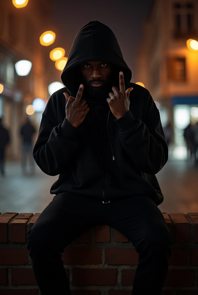 Real human , nigger hood guy using black clothes and showing the middle finger. On the streets at night in a brick wall with more nigger hood people taking the picture and holding the phone sitted on the flore