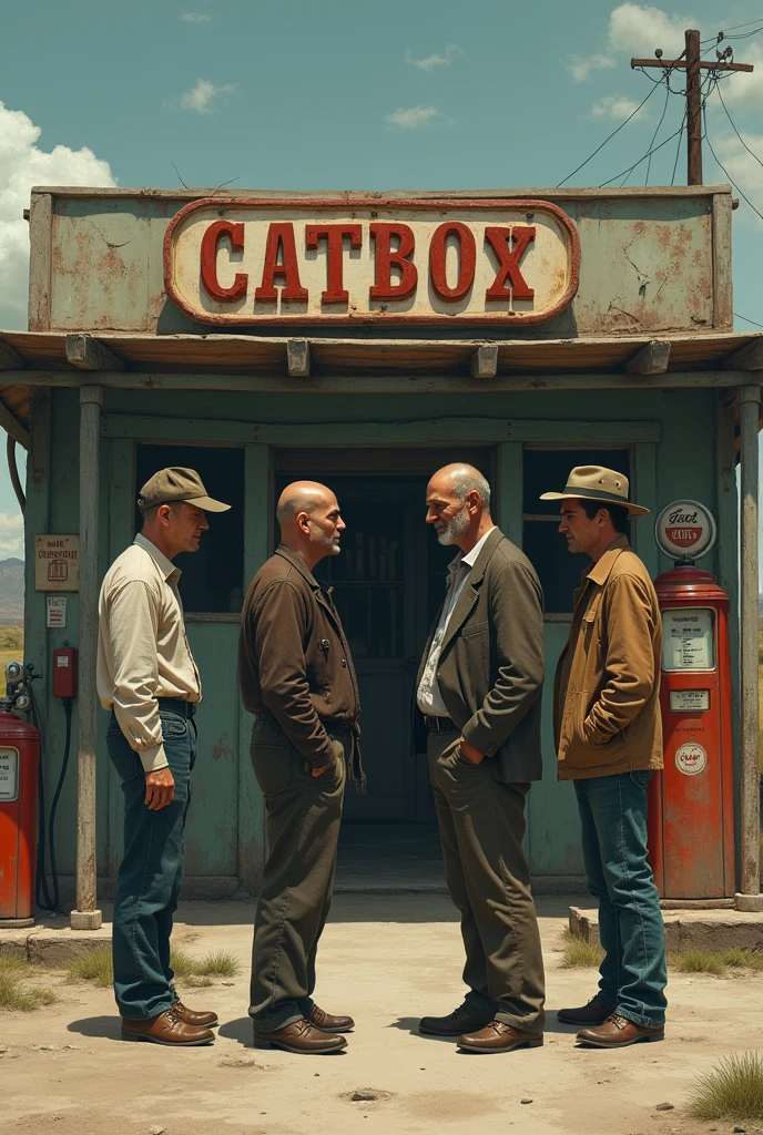 A strange, bald man stands outside by a car in outdatedgas staltion talking the three adult man travelers 