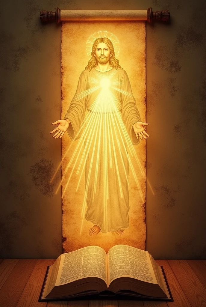 Jesus illuminated above the bible old paper roll