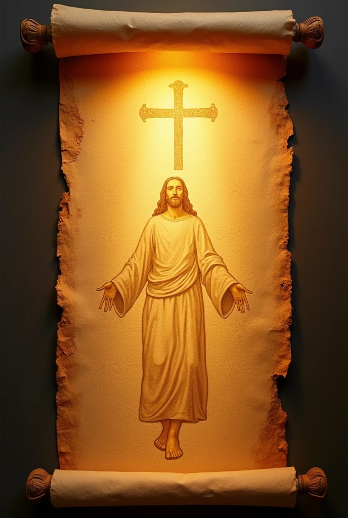Jesus illuminated above the bible old paper roll