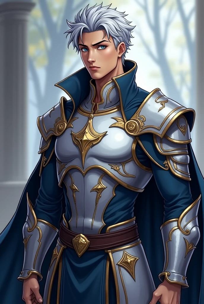 Douhwa image style:
Full name: Zeryn Aelric
Edad: 25 years old Physical Appearance:
Height: 1.85 m Constitution: Strong and muscular, with an imposing presence Hair: dark silver, short and slightly wavy eyes: intense blues, with a look that conveys determination and calm Skin: tanned, reflection of years of training and sun exposure Face: well defined, with a strong jaw and a scar on his right eyebrow, memory of a past battle Clothing: Combat armor in silver and blue tones, with gold details; for formal events, He wears a royal suit with a dark blue cloak and gold details..