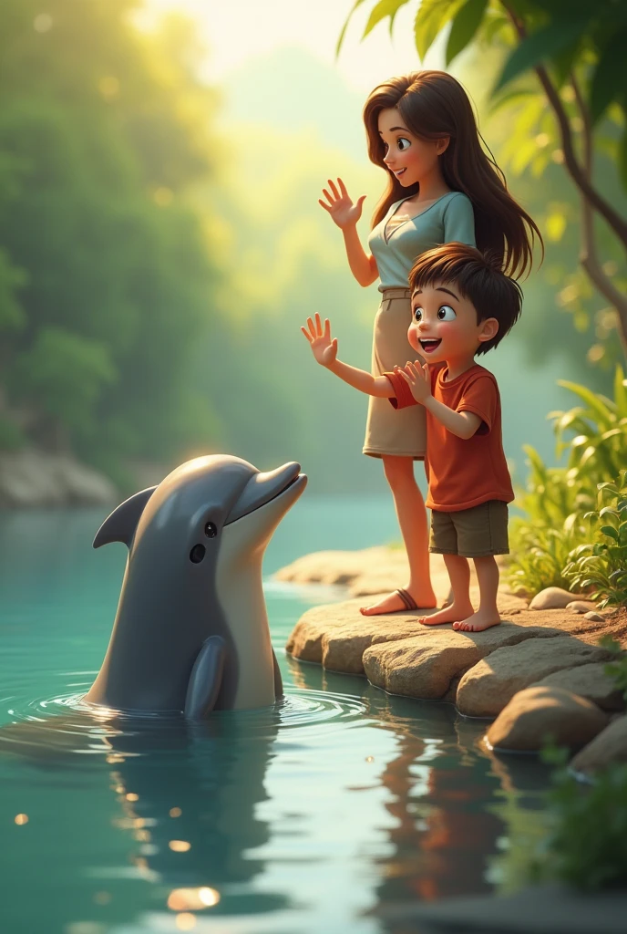 A big boy next to his mother, waving to a dolphin on the riverbank