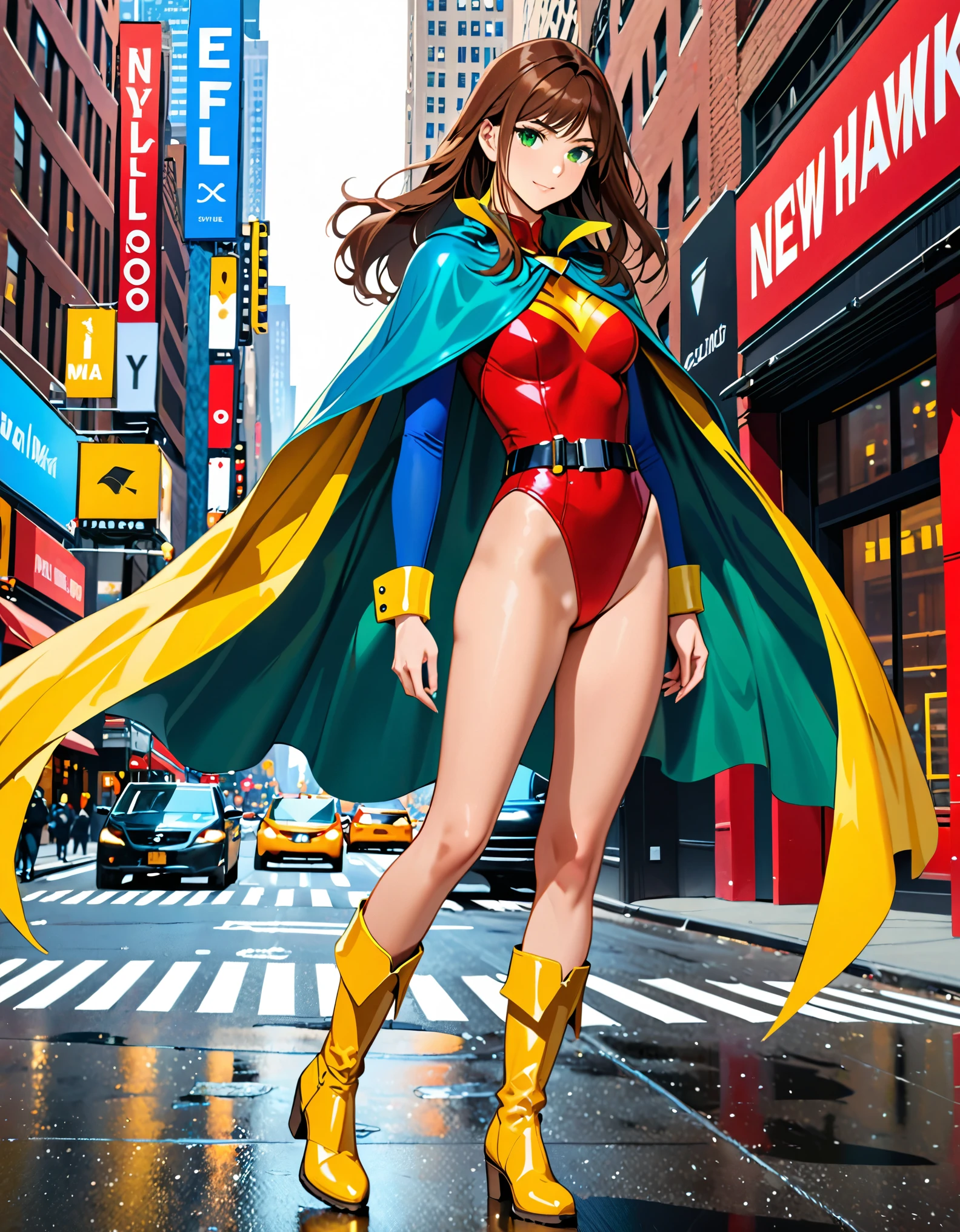 (masterpiece), (best quality), (high res), 1lady, tall body, finger proportions coordination, highly detailed, professional, beautiful detailed eyes, beautiful detailed face, perfect hands, complete fingers, perfect anatomy, perfect proportions, ((brown hair, medium hair, hair down)), ((green eyes)), ((leotard, (red leotard), matching leotard)), (bare legs), (boots, matching boots, knee-high boots, yellow boots), breasts, medium breasts, (full body portrait), looking at viewer, solo, solo focus, standing, one hand on hip, cowboy shot, new york backdrop, ((fastened tight belt)), (blue sleeves, yellow cuffs), ((yellow hawk/(symbol/)) on chest), ((medium cape, (blue cape))), full body costume design.