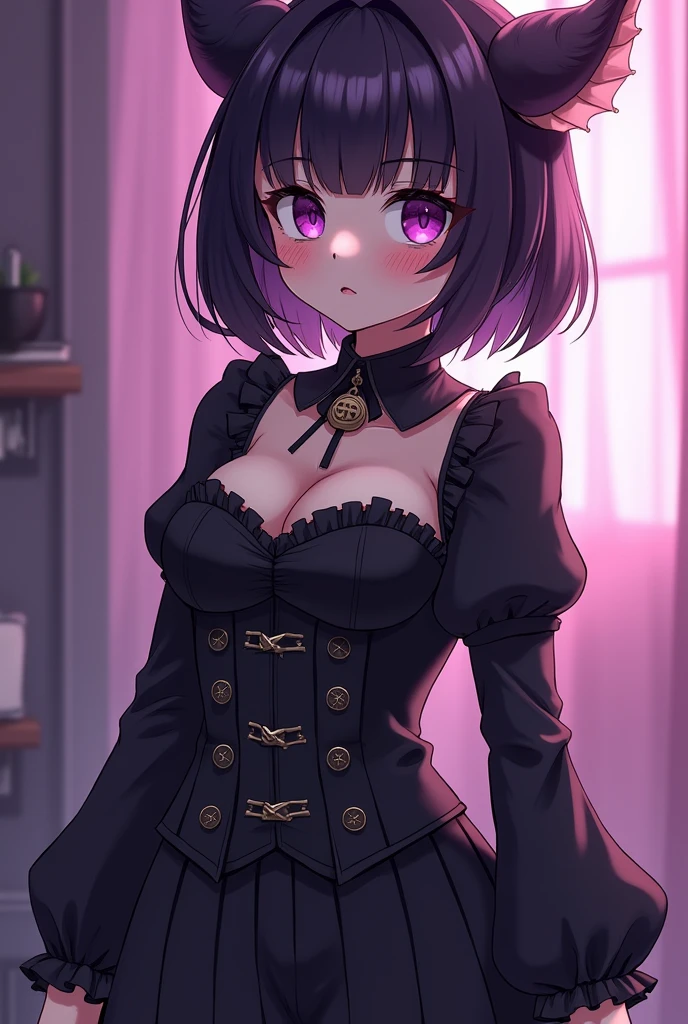 A girl with short hair and bangs, purples eyes, a fair skin wearing a gothic outfit, that has anime features and a curvy body, de corpo inteiro