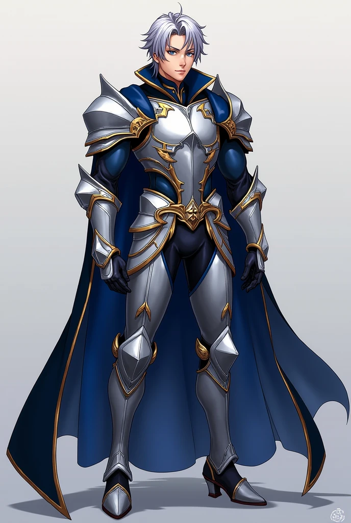 Douhwa image style:

Full name: Zeryn Aelric

Edad: 25 years old Physical Appearance:

Height: 1.85 m Constitution: Strong and muscular, with an imposing presence Hair: dark silver, short and slightly wavy eyes: intense blues, with a look that conveys determination and calm Skin: tanned, reflection of years of training and sun exposure Face: well defined, with a strong jaw and a scar on his right eyebrow, memory of a past battle Clothing: Combat armor in silver and blue tones, with gold details; for formal events, He wears a royal suit with a dark blue cloak and gold details..