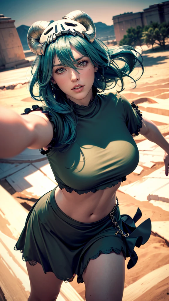 （（（Perfect figure，figure，odelschwanck，green clothes，（（（In the, long hair, facial mark, hair between eyes,  skull,skirt，yellow eyes，underboob,）））型figure:1.7））），((masterpiece)),high resolution, ((Best quality at best))，masterpiece，quality，Best quality，（（（ Exquisite facial features，looking at the audience,There is light in the eyes，Happy，***********nterlacing of light and shadow，huge boobs））），（（（looking into camera，desert background，Exaggerated perspective , ultra wide shot,blurry hand foreground）））