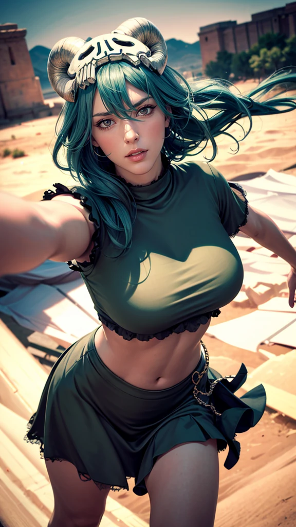 （（（Perfect figure，figure，odelschwanck，green clothes，（（（In the, long hair, facial mark, hair between eyes,  skull,skirt，yellow eyes，underboob,）））型figure:1.7））），((masterpiece)),high resolution, ((Best quality at best))，masterpiece，quality，Best quality，（（（ Exquisite facial features，looking at the audience,There is light in the eyes，Happy，***********nterlacing of light and shadow，huge boobs））），（（（looking into camera，desert background，Exaggerated perspective , ultra wide shot,blurry hand foreground）））