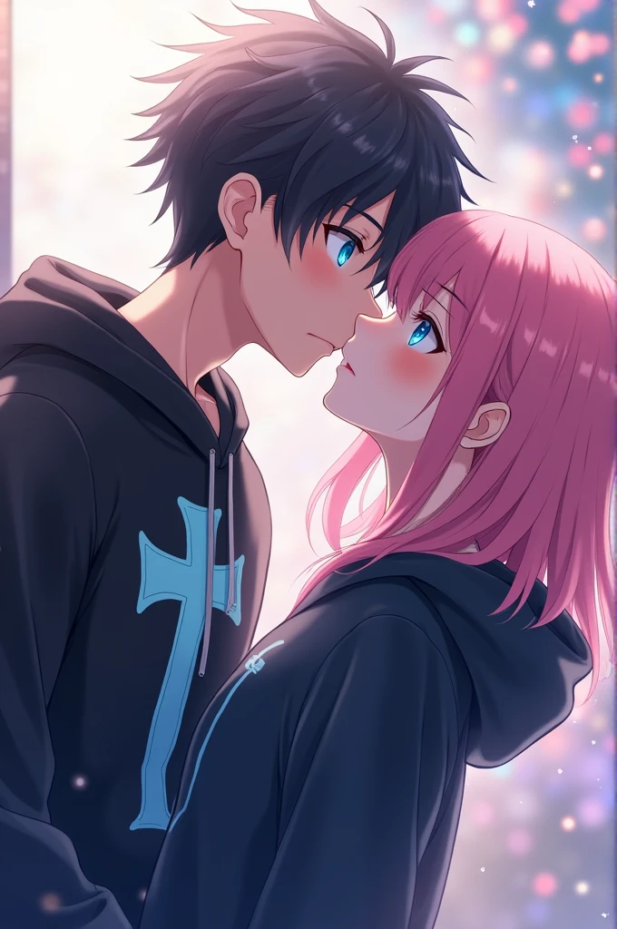 Anime boy wears a black hoodie with a light blue cross one it and glowing blie eyes kissing a pink girl