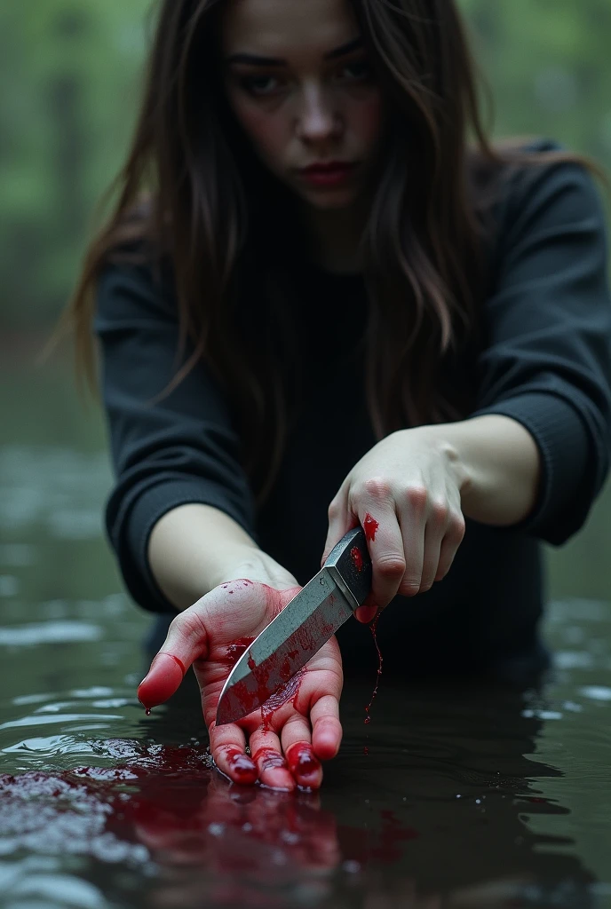 (mix
), the girl holds a bloody knife in her hand and cuts her other hand with this knife, only hands are visible in the picture, blood from the knife-wounded hand flows into the river with blood 