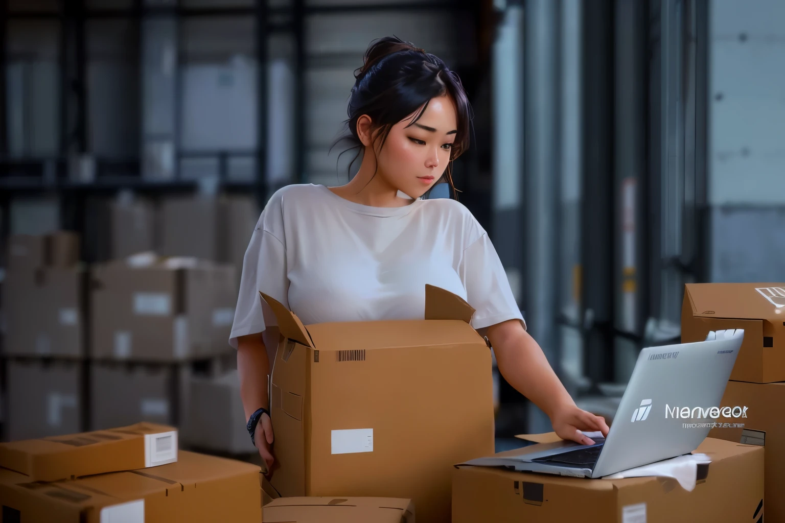 woman working on laptop in a warehouse with boxes and coffee, inspect in inventory image, delivering parsel box, in a warehouse, in warehouse, instagram post, post, reddit post, best on adobe stock, candid photograph, high quality stock picture, delivering packages for amazon, by Kurt Roesch, commercially ready, stock photo, ecommerce photograph, photo still