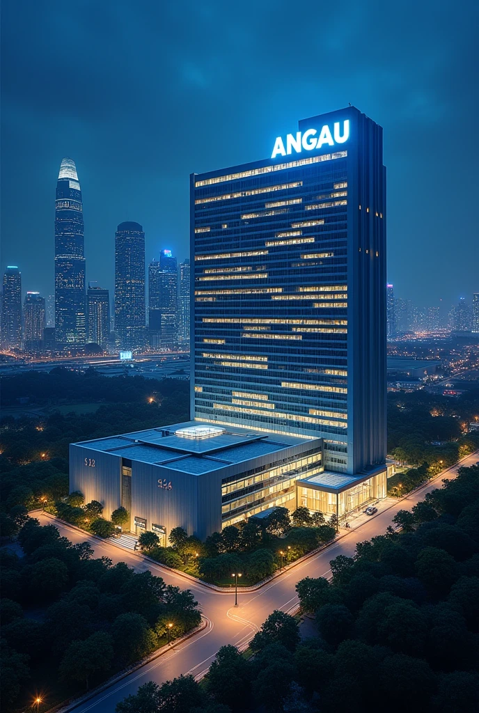 Generate a big hospital with near a city with the logo ANGAU lit up in the night