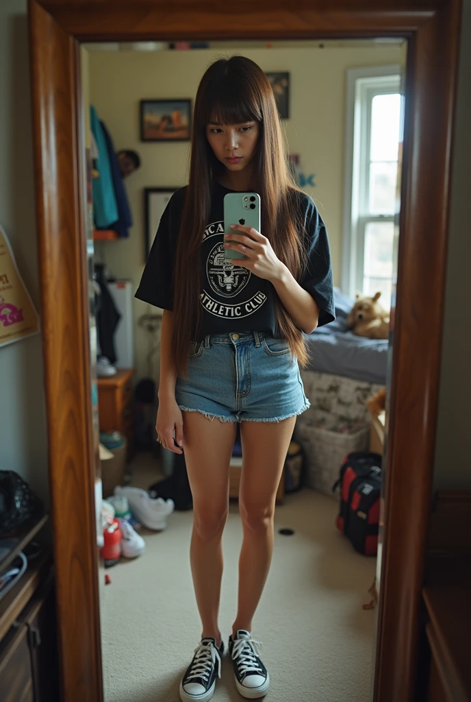 Who was a picture of a girl taking a photo in a mirror with her iPhone 10, The girl must have bangs and straight hair down to her waist., You should also have Russian volume eyelash extensions., From behind you can see his messy room, and she must be dressed in shorts and a Boca Juniors Athletic Club T-shirt, and some converse sneakers. The image must be very realistic.