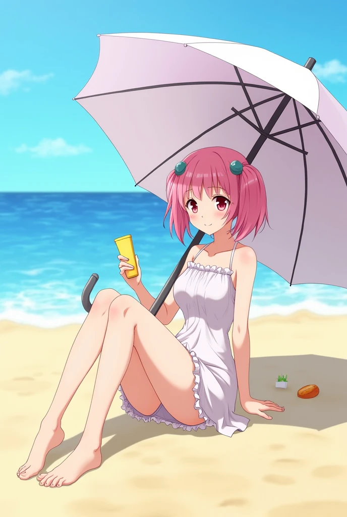 Madoka Kaname from Puella Magi Madoka Magica Hairstyle: Twin tails Hair color: Pink Location: Sitting on the beach with her legs open under a beach umbrella Holding sunscreen in her right hand Smiling No clothes