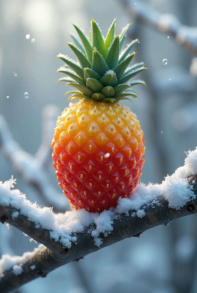 A fruit with a combination between a pineapple and a strawberry on a branch covered in snow
