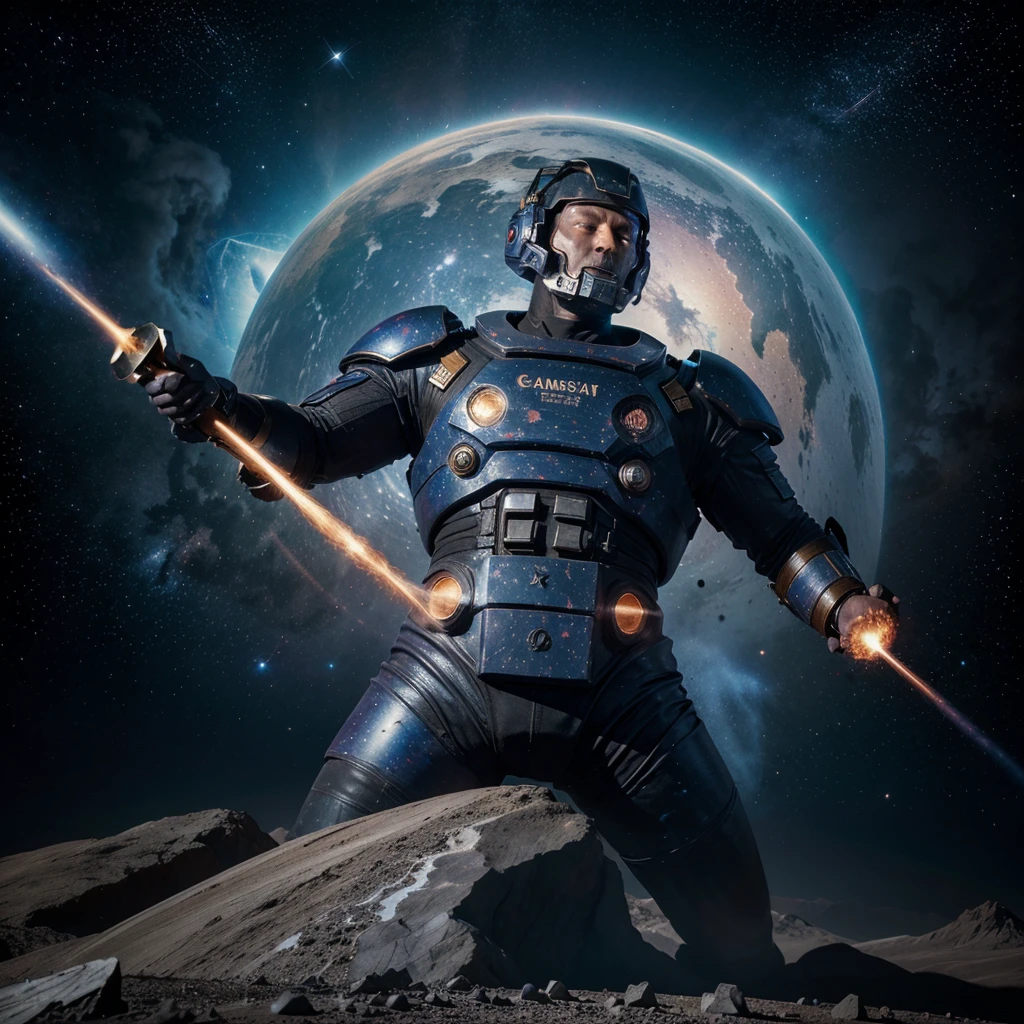 Giant humanoid that is made out of cosmic nebula, is forging a galaxy with his star hammer, in space. Oil painting, art, 4k