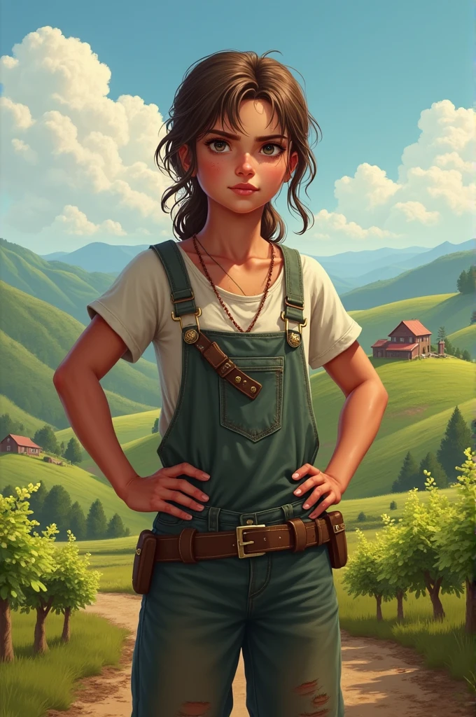 A girl farmer is standing infront of a farm and she is look angry.
