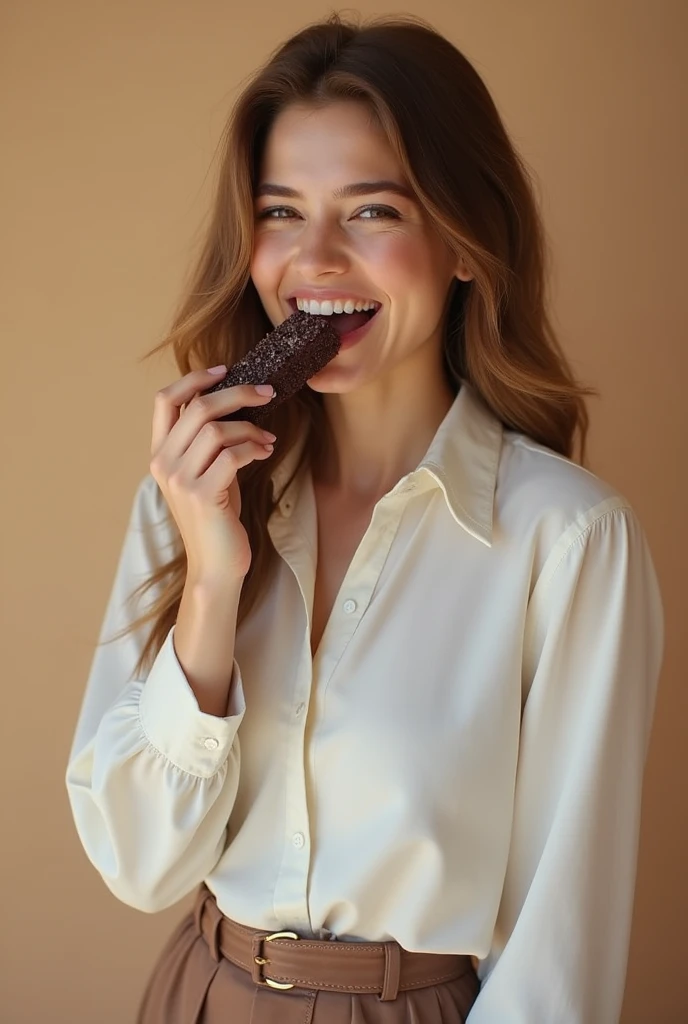 happy woman in formal blouse and pants, eating small rectangular brown almost black porous candy