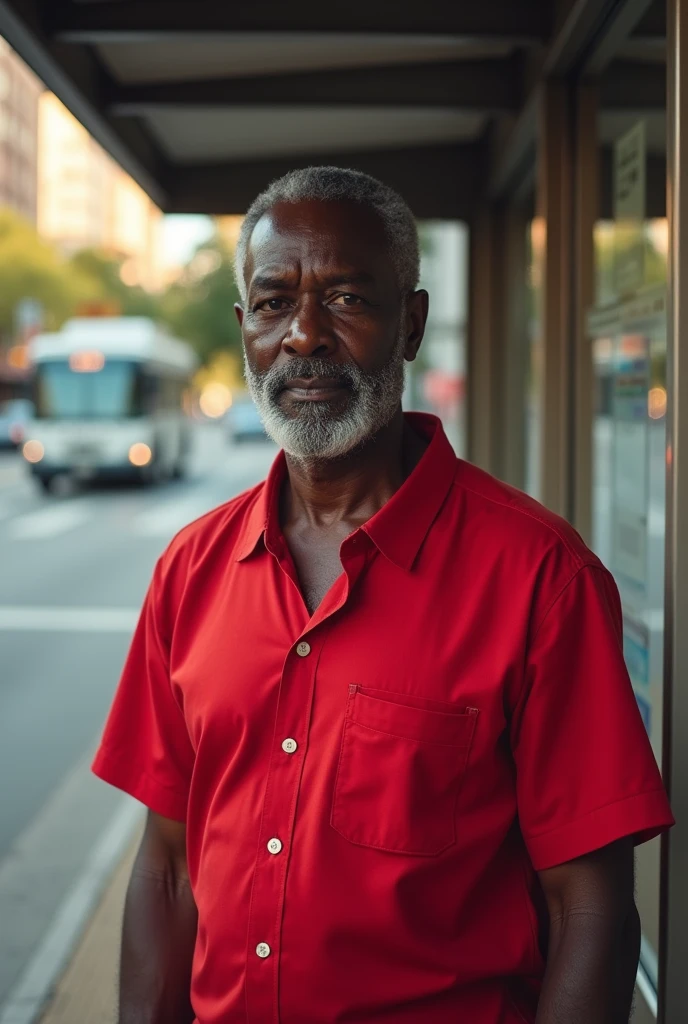 A black man wearing red shirt waiting for bus