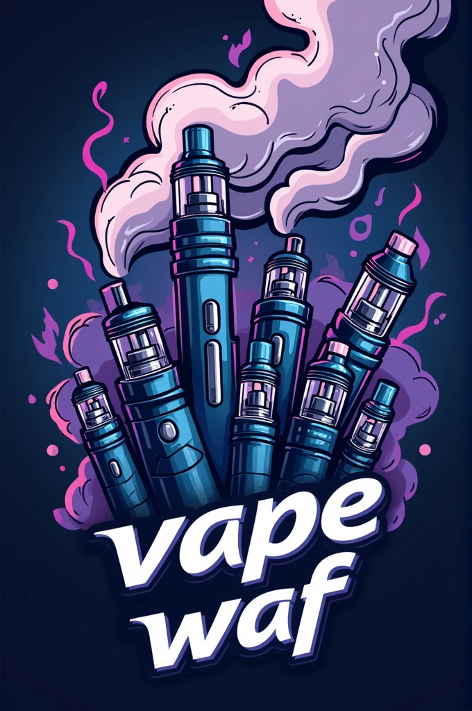 First a logo with vape_waf on it and many e cigarettes with smoke 