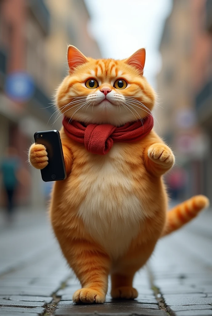 Fat orange cat walking on the street with cell phone in hand