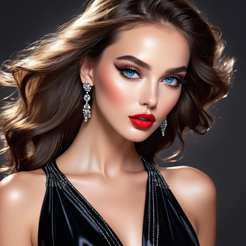 Best quality,a high resolution,fashion illustration,elegant models,beautiful detailed eyes, detailed glossy lips and face,glamour mode,track laying,bright colors,Elegant black dresses,Beautiful Accessories,Professional studio lighting,ultra thin paint, realistic textures, Beauty,goddess,