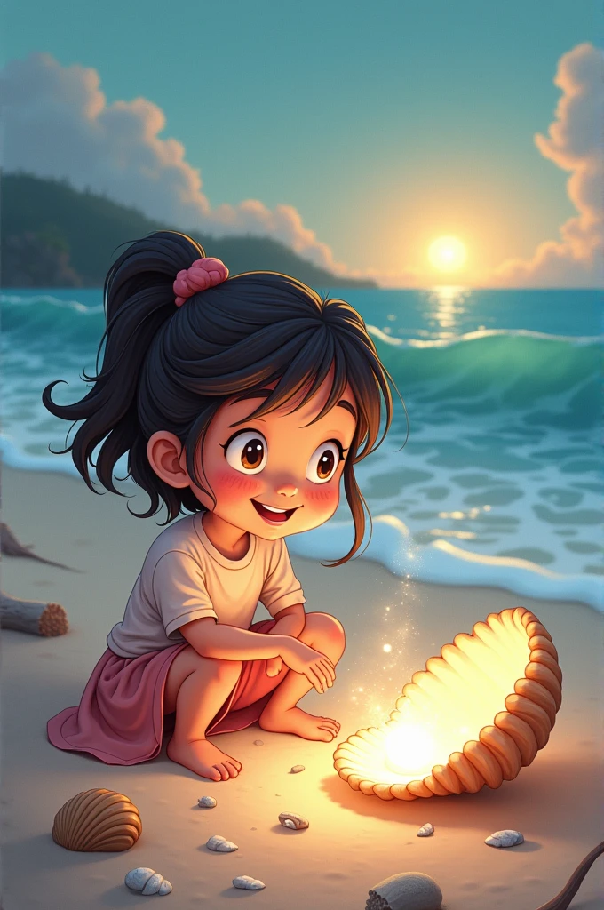Cartoon style drawing about A girl is walking along the beach at dawn, when you find a shell that shines softly on the sand. curious, She picks it up and realizes that inside the shell there is a pearl that emits a soft and enchanting light..
