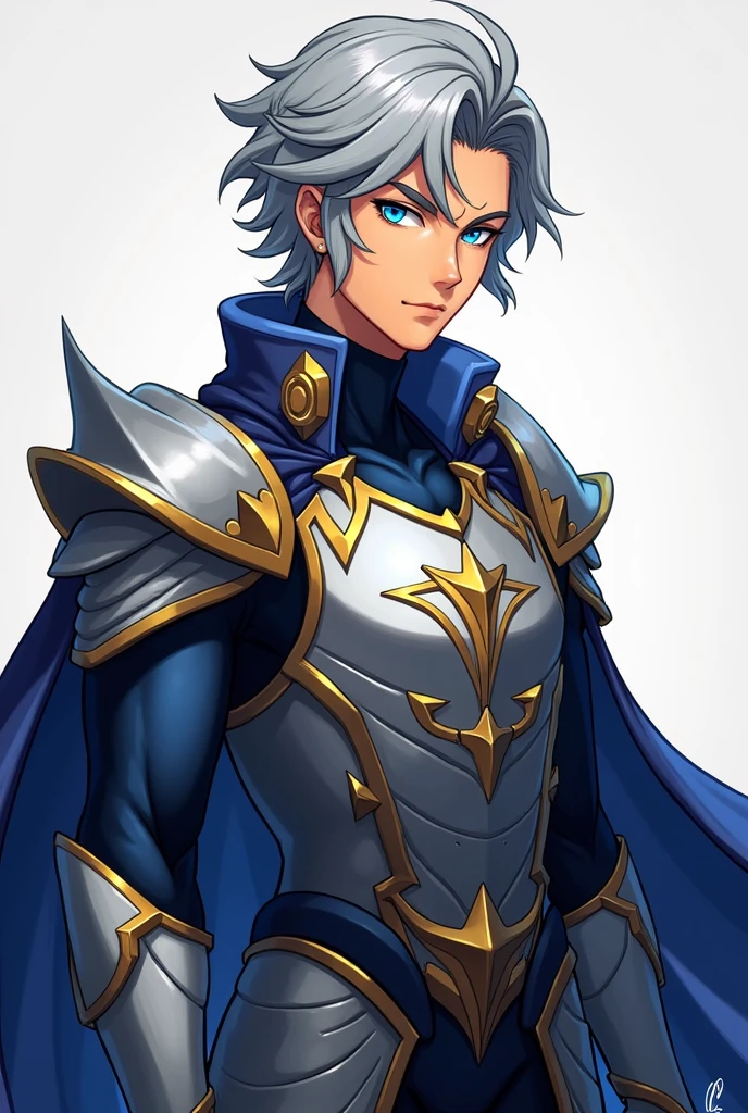 Douhwa image style:
Full name: Zeryn Aelric
Edad: 25 years old Physical Appearance:
Height: 1.85 m Constitution: Strong and muscular, with an imposing presence Hair: dark silver, short and slightly wavy eyes: intense blues, with a look that conveys determination and calm Skin: tanned, reflection of years of training and sun exposure Face: well defined, with a strong jaw and a scar on his right eyebrow, memory of a past battle Clothing: Combat armor in silver and blue tones, with gold details; for formal events, He wears a royal suit with a dark blue cloak and gold details..