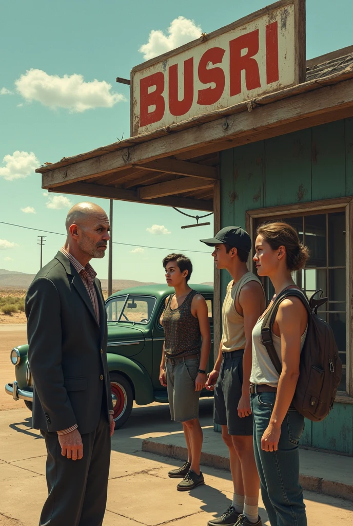 A strange, bald man stands outside by a car in outdatedgas staltion talking te three adult boys travelers