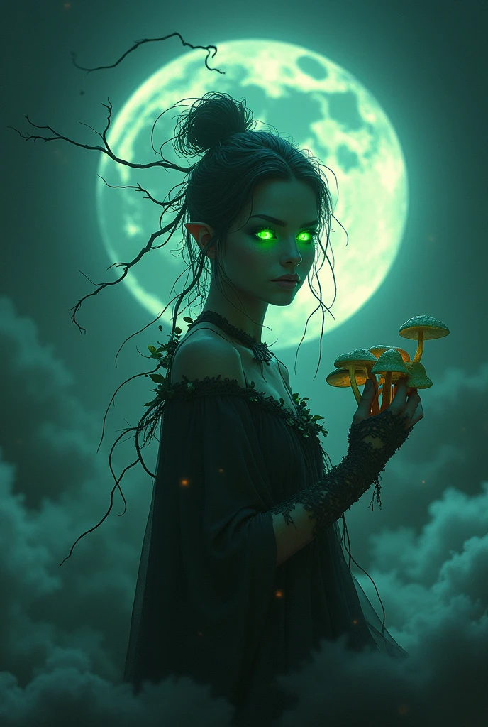 Show me a picture of a nocturnal androgynous witch, of the Moon, from the shadows, green, Cyan call of the sign Aquarius, vegetarian,sus colores favoritos son el azul y el green pero sobre todo el viridian y es una pantera de ojos green neón del Amazonas.
without hat. He loves hallucinogenic mushrooms.
