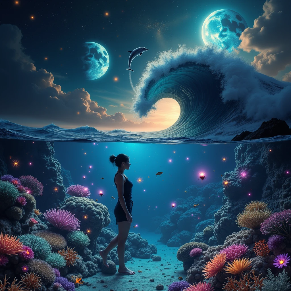 The image depicts a dreamlike and captivating underwater scene, where imagination meets reality. In the foreground, a woman diver detailed explores the depths of a colorful coral reef, surrounded by small bioluminescent creatures that dance around her, leaving behind luminous trails. The tropical fish with pulsating lights and the vibrant corals of all colors enhance the brilliance of this underwater landscape. Bioluminescent orbs float in the water, emitting a soft blue light and creating mystical reflections. As we move towards the water's surface, the composition transforms into a cosmic vision. A powerful wave breaks, revealing within its swirling crests a massive human eye, symbolizing divine observation. Just above this wave, a dolphin leaps gracefully, leaving behind a trail of stardust, connecting the sea and the starry sky. Ethereal bubbles reflecting the cosmic sky float gently around the underwater scene.The sky in the background is a blend of blue, violet, and golden hues, with a luminous moon that appears both near and far. The scene is enveloped in a shimmering mist, giving it an ethereal quality. This fusion of marine and celestial elements creates a surreal and poetic scene, inviting the viewer to dive into a waking dream where the boundaries between worlds blur.