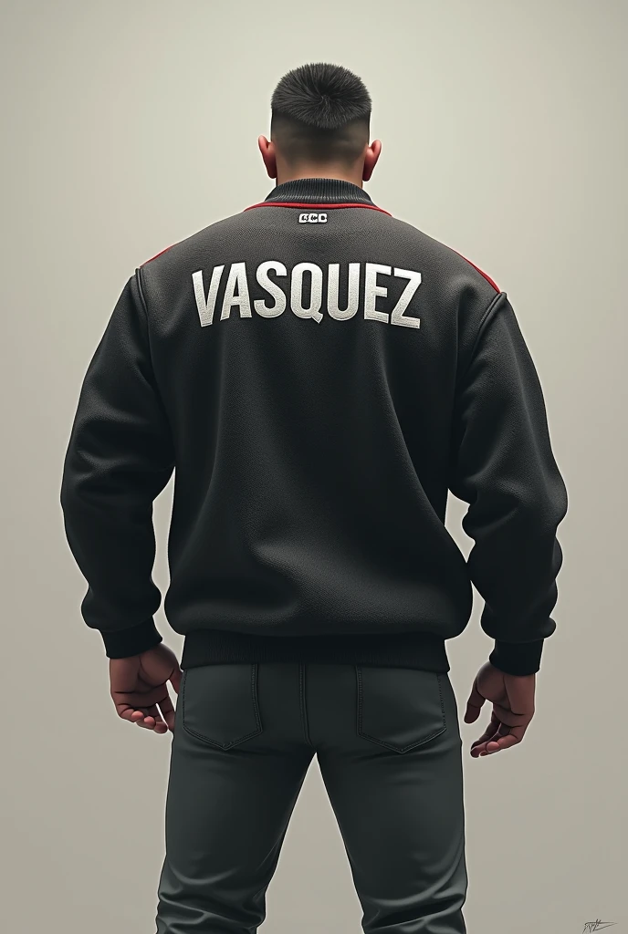 Tall man with his back turned wearing a sports sweater who has his last name "vasquez"