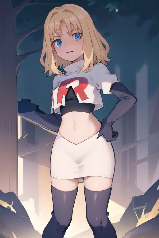 1girl, sxhelen, blonde hair, medium hair, blue eyes, team rocket,team rocket uniform,white skirt,red letter R,crop top,black thigh-highs,black elbow gloves, forest,