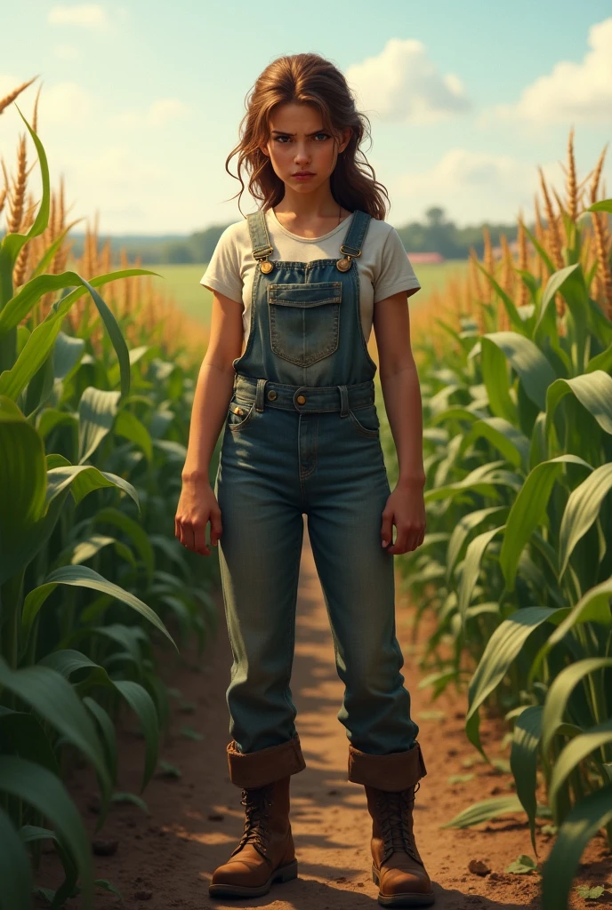 A girl farmer is standing infront of a Corn farm and she is look angry. 