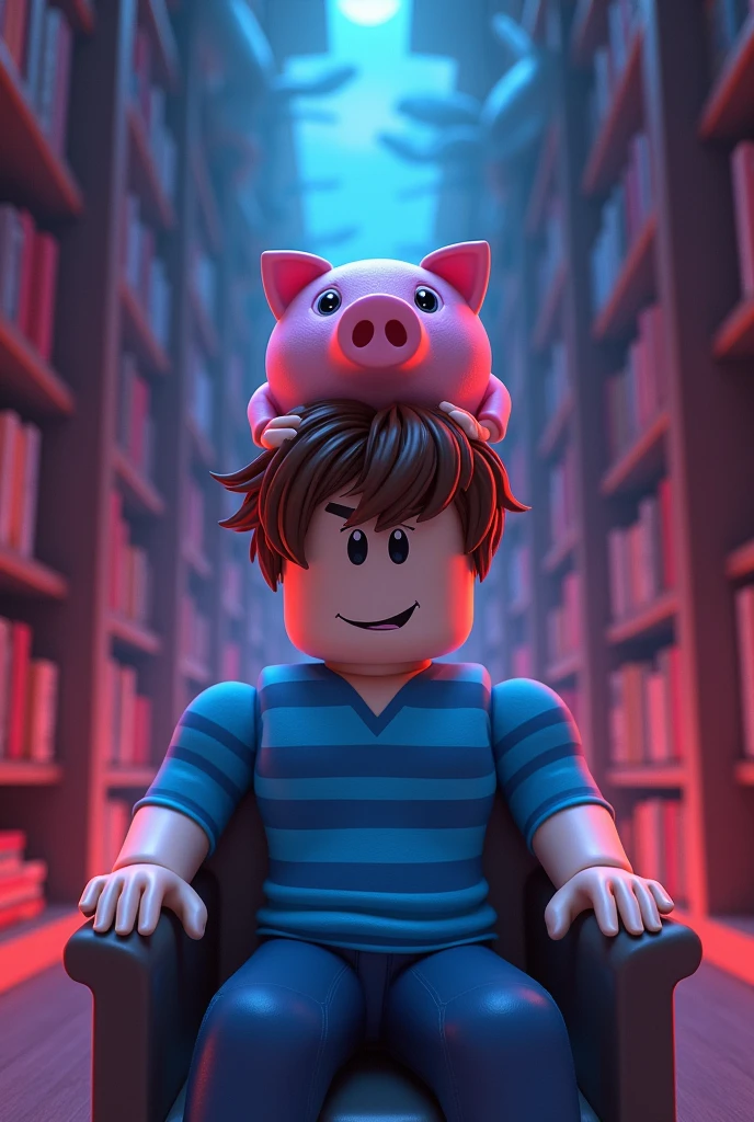 Make a Roblox character with brown hair and a blue and light blue shirt that has a pig hat and is in a terrifying place that has striking colors and is sitting in a chair and library