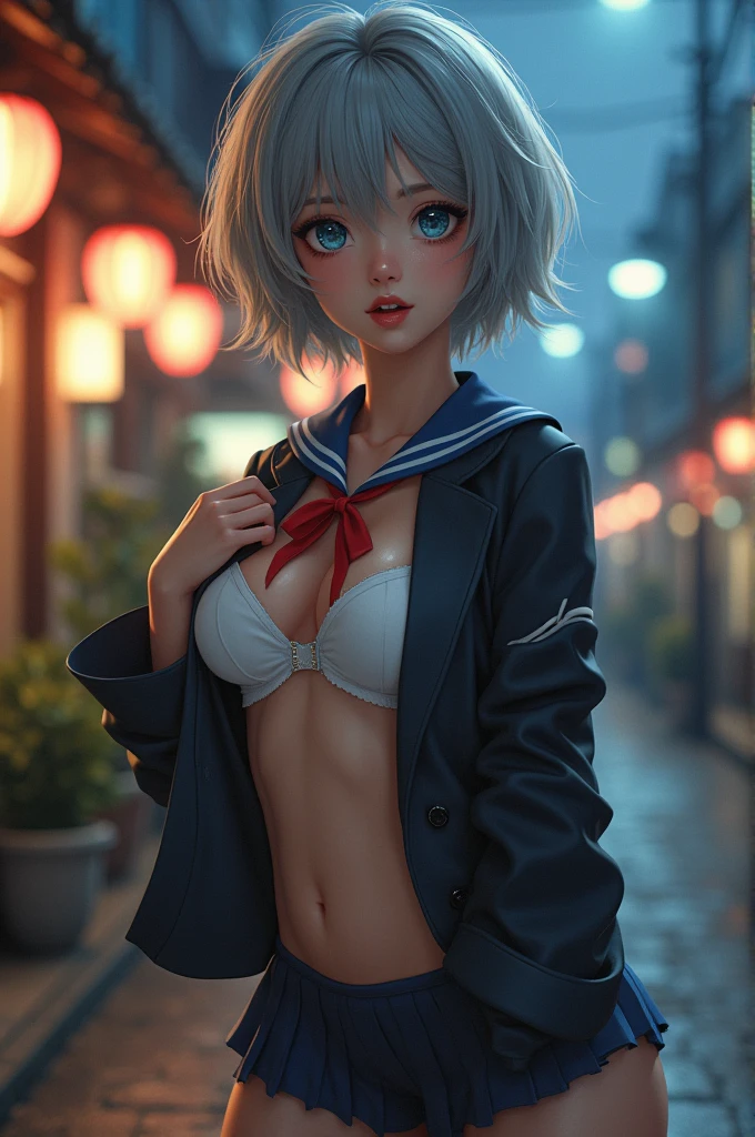 8k,masterpiece, best quality, ultra detailed, [perfect shadows and lighting], detailed background, incredible high-key lighting, ambient soft lighting,
young female, uzakihana, gorgeous face,japanese face, lips, makeup, stylish hair, perfect eyes, grey hair, short hair, blue eyes,
huge breasts, thick things, wide hips, narrow waist
look at viewer, seductive, smile, smirk, open mouth, sexy pose,
school uniform, streets, in town, outdoors, see-through, undersized clothes,