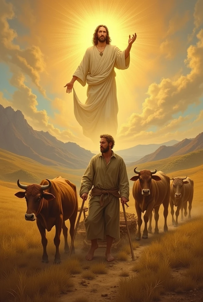 Create an icon of a humble blond peasant he is working in a vast, hilly field, guiding a plow through the land with oxen. He is dressed in simple clothes, like a linen shirt and worn pants, while holding the plow firmly. In front, the oxen are pulling the plow wildly.. In the sky above him, instead of the common sun, there is an iconic image of Jesus Christ. Jesus is depicted as a radiant figure, with a golden halo around his head, hands outstretched in blessing, emanating light that illuminates the field. The scene is peaceful and serene, with warm tones of golden light, symbolizing divinity and blessing on the peasant's work.