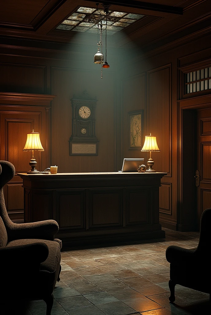 

The room is an old hotel lobby, with dark wood walls and period details. The lighting is dim, with a warm yellowish light coming from antique lamps and chandeliers, creating shadows that stretch across the ground. The reception desk is made of aged wood, and about it, There is usually a metal bell, typical of the hotels of yesteryear. 

The general atmosphere is one of abandonment and deterioration., with furniture covered in dust, Cobwebs in the corners and an eerie silence that is only interrupted by the creaking of the wooden floor when walking. On the wall behind the counter, Often you find old paintings or a wall clock that seems to have stopped a long time ago..
