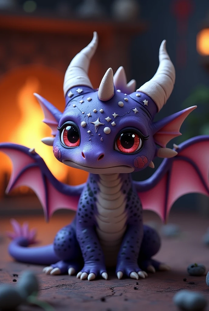 Realistic medieval image. Stubby purple dragon with only two legs, with a pair of white horns, mottled with black and white tones. Its wings are like two thin membranes such as those of a bat. Small in stature, dotted with stars along its anatomy, with large red eyes. White, pointed horn on the nose. Against the background of a gloomy gothic room, lit by the warmth of a fireplace.