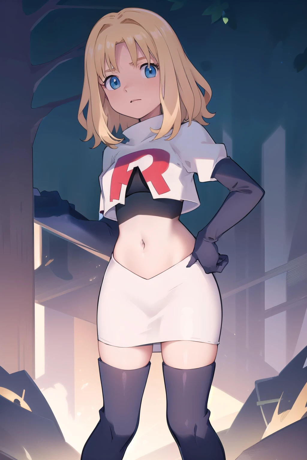 1girl, sxhelen, blonde hair, medium hair, blue eyes, team rocket,team rocket uniform,white skirt,red letter R,crop top,black thigh-highs,black elbow gloves, forest,